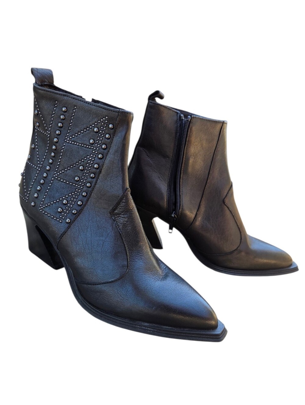 Emanuele Crasto - Leather Studded Pointed Toe Heeled Booties Ankle Boots